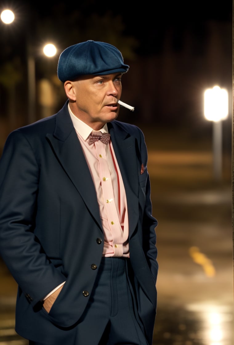 PBHAT, man in stylish 20s suit, standing next to a street light, smoking a cigarette, on rainy night