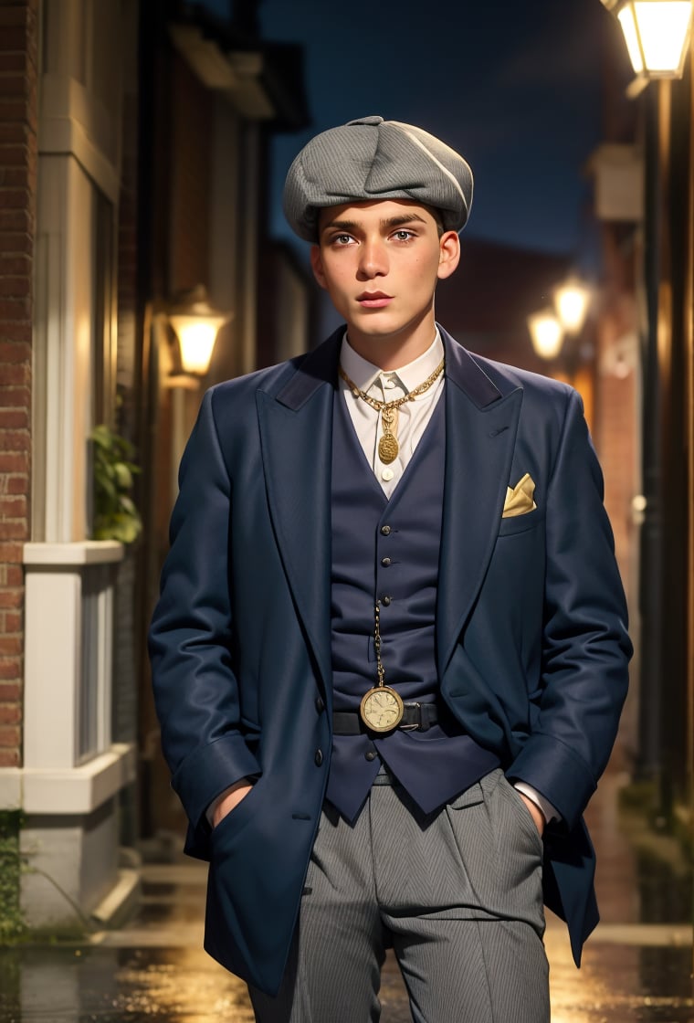 PBHAT, young man of 30 year-old in stylish 20s suit white and gray beret, standing next to a street light, on rainy night, pocket watch, gold chain