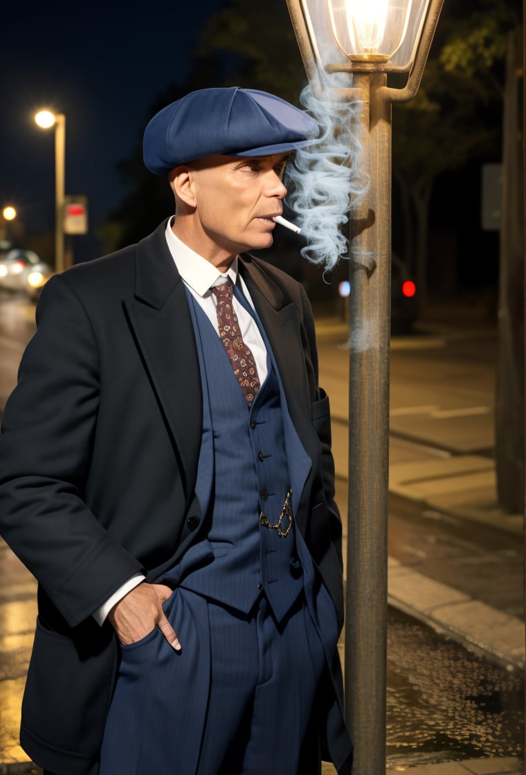 PBHAT, man in stylish 20s suit, standing next to a street light, smoking a cigarette, on rainy night