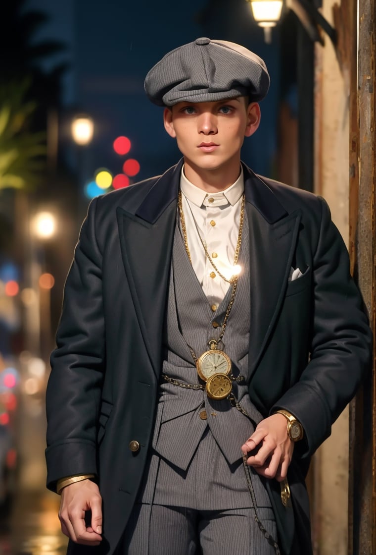 PBHAT, young man of 30 year-old in stylish 20s suit white and gray beret, standing next to a street light, on rainy night, holding pocket watch, gold chain