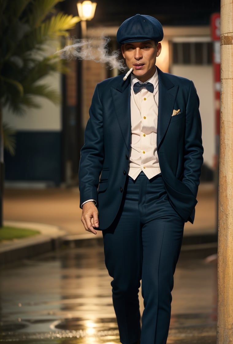 PBHAT, man in stylish 20s suit, standing next to a street light, smoking a cigarette, on rainy night