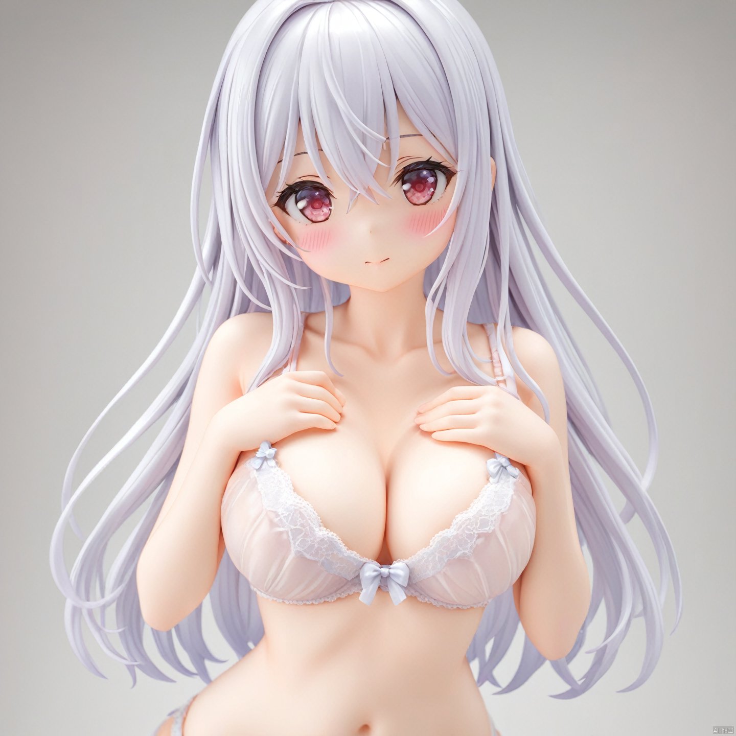  (masterpiece), (best quality), illustration, ultra detailed, hdr, Depth of field, (colorful), loli, PVC, 1girl, breasts, solo, underwear, bra, long hair, cleavage, white bra, navel, looking at viewer, white background, upper body, simple background, white hair, closed mouth, collarbone, bare shoulders, large breasts, blush, bare arms, hands on own chest, bangs, stomach, hair between eyes, pink eyes, bow, underwear only, hands up, bow bra, crossed bangs,