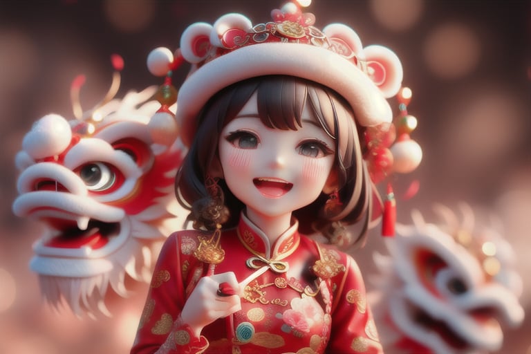 chinese girl singing with happy face , normal girl
background with lion dance , chinese