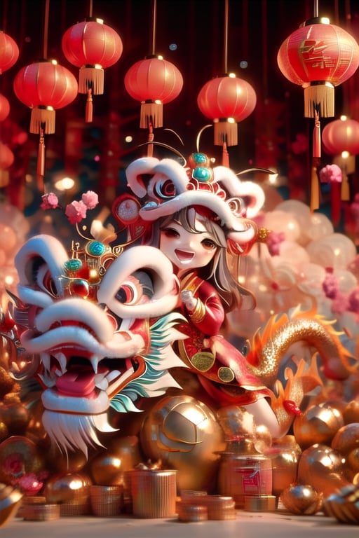 chinese girl singing with happy face , hand-over ceremony
background with lion dance , Chinese dragon 
new year , coins 