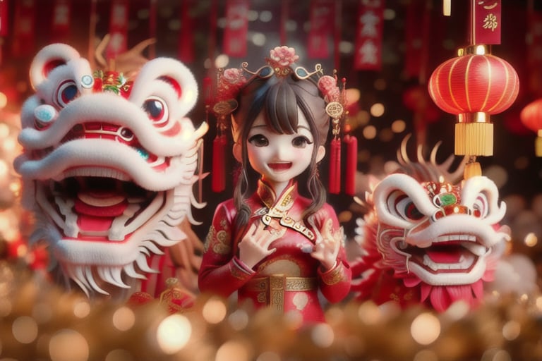 chinese girl singing with happy face , normal girl
background with lion dance , Chinese dragon 
new year , coins 