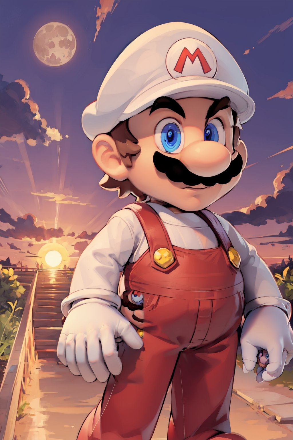 MARifire, brown hair, gloves, 1boy, solo, male focus, hat, facial hair, mustache, overalls, white gloves, blue eyes, upper body,brown hair, purple sky, moon croissant, purple clouds, sunrise, scnenery