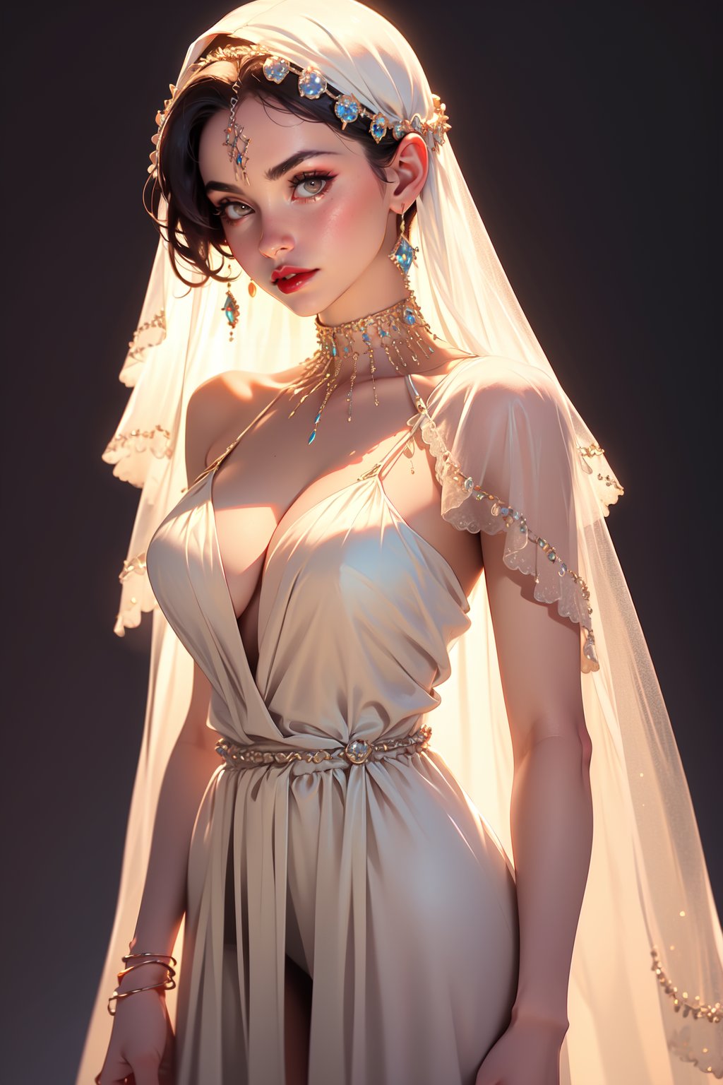 cinematic film still 1girl, solo, beautiful adult woman, high-quality, best-quality, highres, high detail, <lora:ChainVeilRedux:0.75> v3il,  (forehead jewel gem), sharktooth head veil, (cowboy shot), eyeliner, eyeshadow, makeup, red lips platinum blonde hair hair ,ethereal nightgown, (sash), (cowboy shot), grand hall,  . shallow depth of field, vignette, highly detailed, high budget, bokeh, cinemascope, moody, epic, gorgeous, film grain, grainy