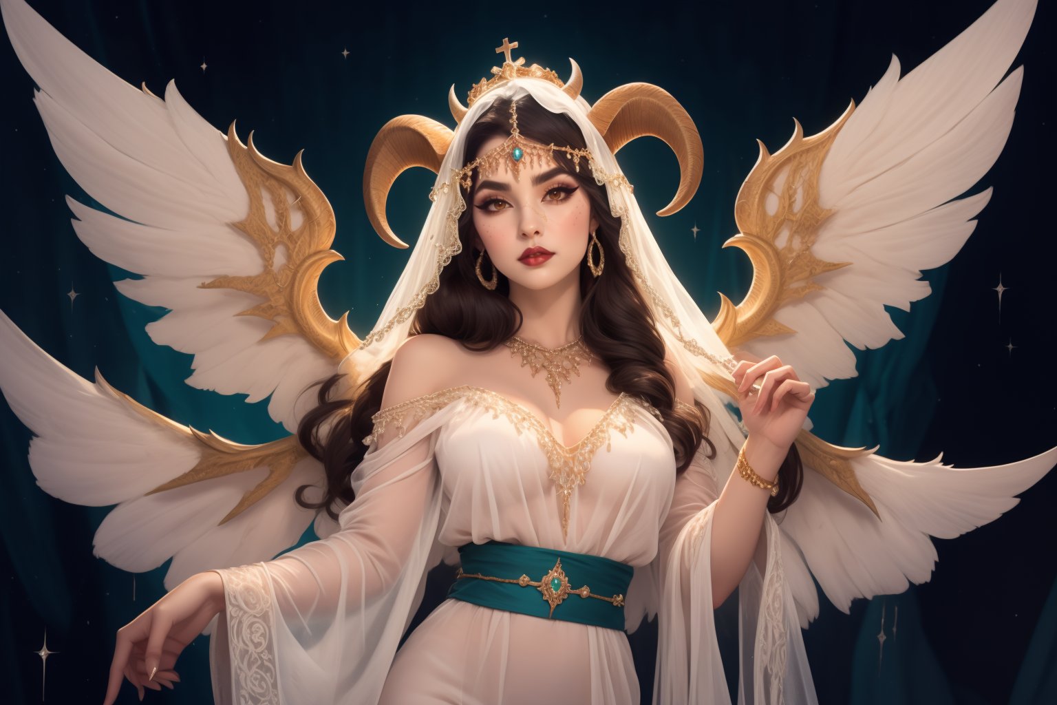 ethereal fantasy concept art of  1girl, solo, beautiful adult woman, high-quality, best-quality, highres, high detail, <lora:ChainVeilRedux:0.75> v3il,  (forehead jewel diamond), spires of crystal, icicles, head veil, (cowboy shot), eyeliner, eyeshadow, makeup, (rouge) [brown hair] hair ,ethereal nightgown, (sash), (cowboy shot), grand hall,  byzantine empress coronet, richly adorned with enamels and gems, intricate cross motifs, imperial majesty, luxurious craftsmanship, ((demon-wings, goat horns)) . magnificent, celestial, ethereal, painterly, epic, majestic, magical, fantasy art, cover art, dreamy