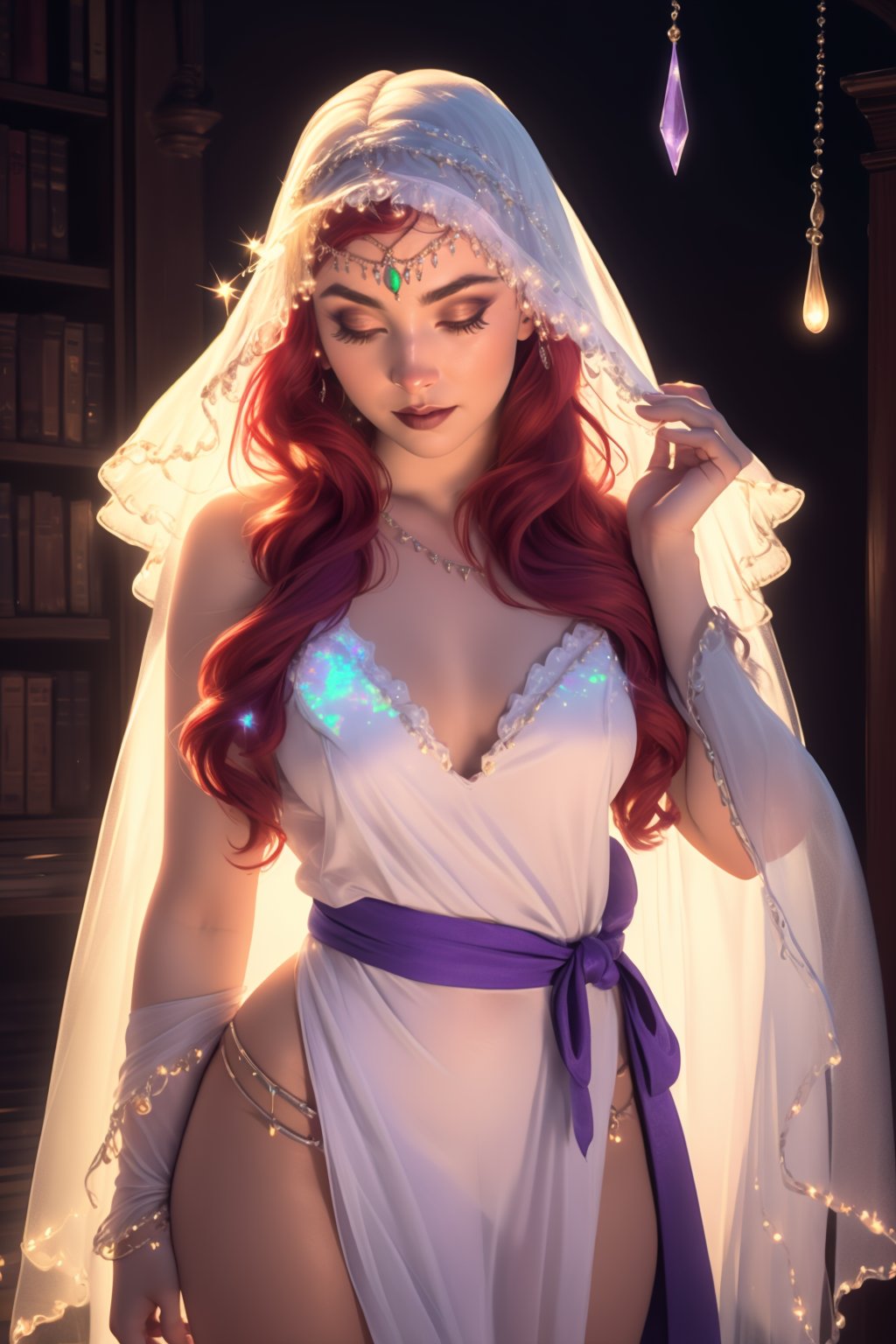 1girl, solo, beautiful adult woman, high-quality, best-quality, highres, high detail, <lora:ChainVeilRedux:0.75> v3il,  (forehead jewel opal), spires of crystal, icicles, head veil, (cowboy shot), eyeliner, eyeshadow, makeup, iridescent lips (red hair) hair ,ethereal nightgown, (sash), (cowboy shot), grand hall, arcane scholar, ((persistent)), pearl white tunics,(((violet flare, light wisps, shimmering))), ((scholarly glyphs)), soft lavender knowledge energy, backlighting, secluded, ancient library environment, ((wisdom magic)), esoteric elements, 8k resolution, by Leonardo da Vinci, by Rembrandt