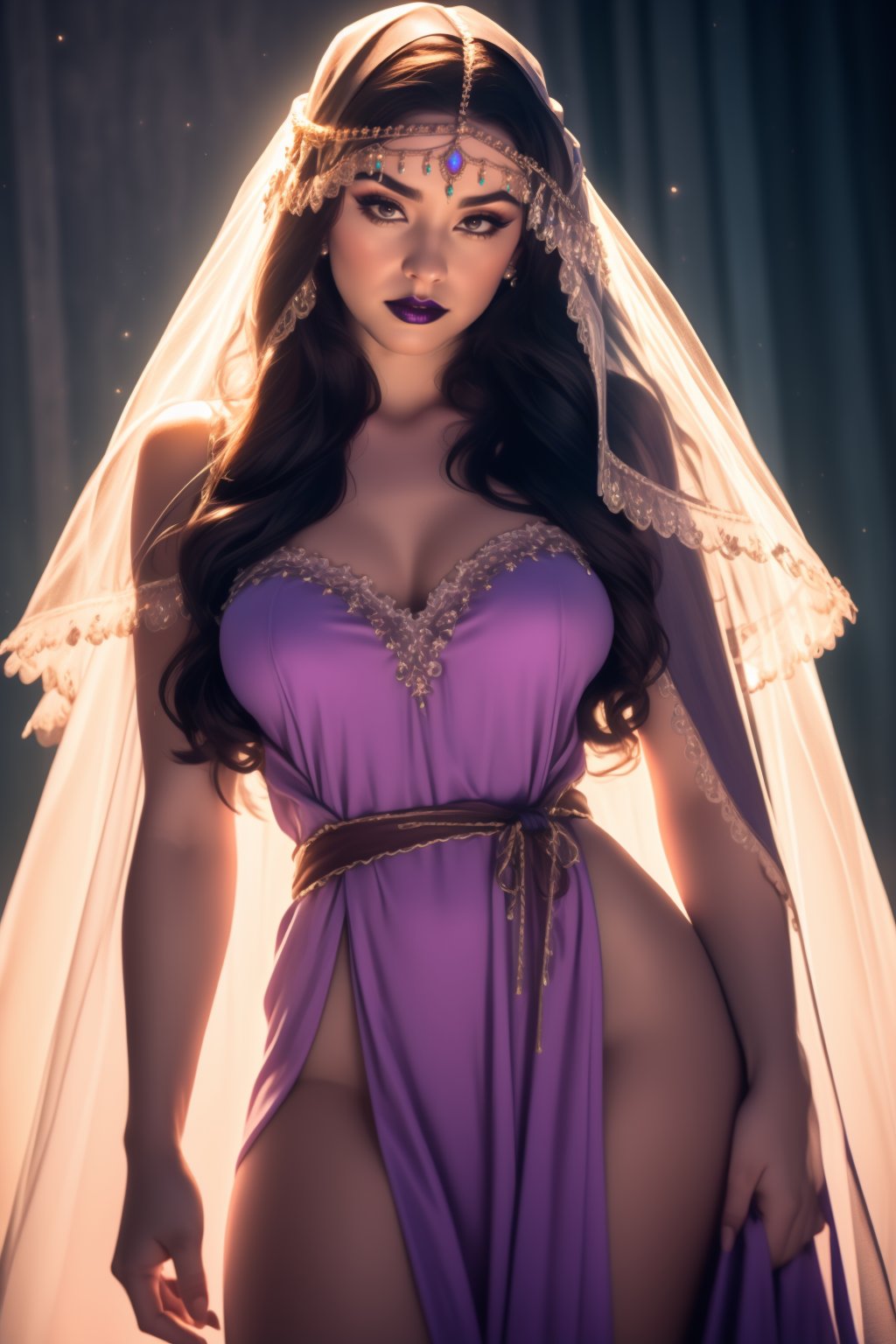 cinematic film still 1girl, solo, beautiful adult woman, high-quality, best-quality, highres, high detail, <lora:ChainVeilP-70:0.75>v3il, face veil, (forehead jewel opal), crystal head veil, (cowboy shot), eyeliner, eyeshadow, makeup, purple lips [brown hair] hair ,ethereal nightgown, (sash), (cowboy shot), grand hall,  . shallow depth of field, vignette, highly detailed, high budget, bokeh, cinemascope, moody, epic, gorgeous, film grain, grainy