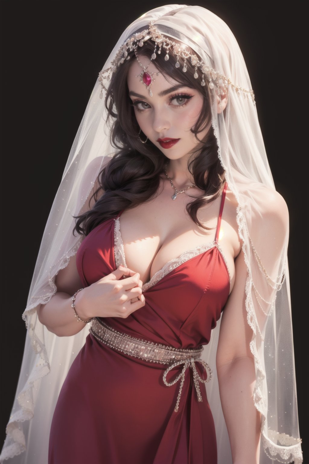 1girl, solo, beautiful adult woman, high-quality, best-quality, highres, high detail, <lora:ChainVeilP-58:0.75> v3il, (forehead jewel ruby), head veil, (cowboy shot), eyeliner, eyeshadow, makeup, red lips [brown hair] hair ,ethereal nightgown, (sash), (cowboy shot)