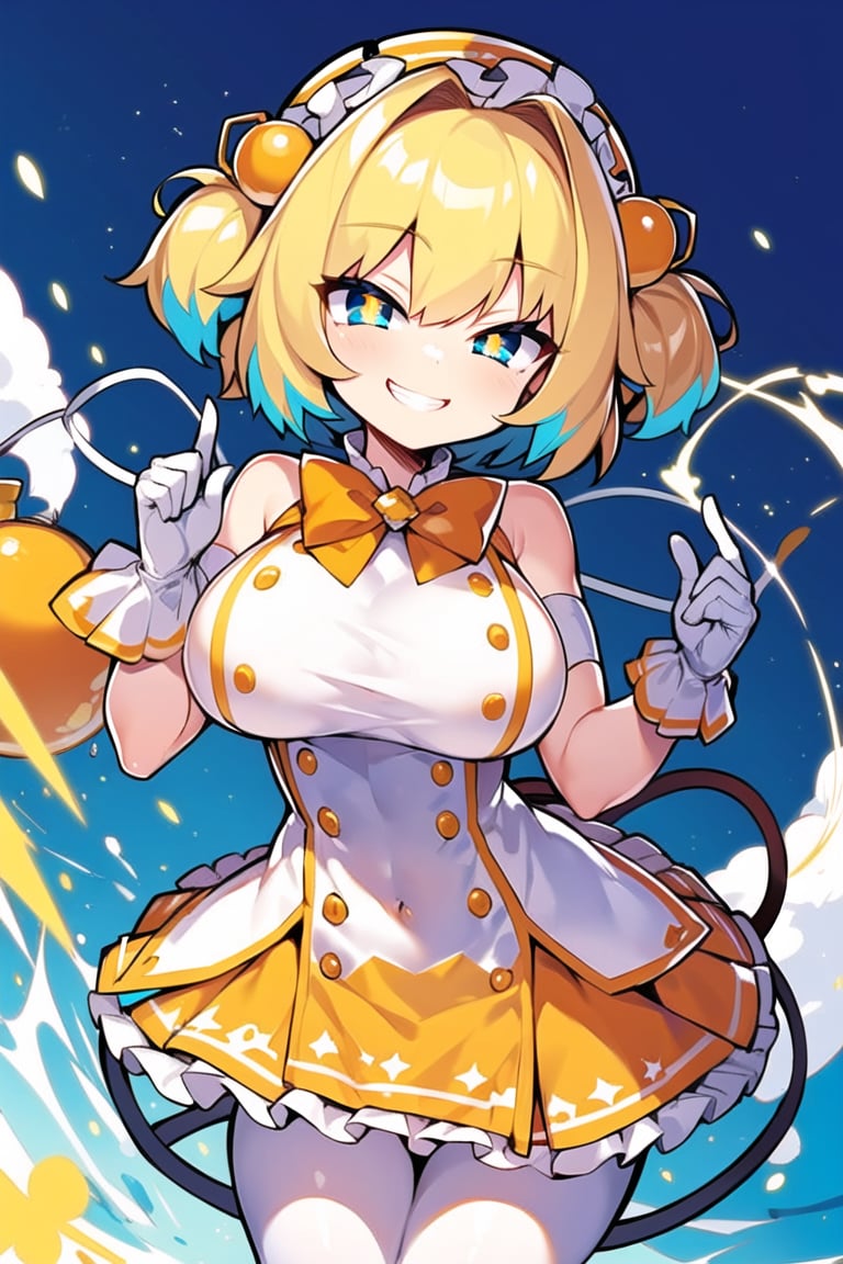 masterpiece, best quality, <lora:Pine-Bombergirl-v1.0-:0.7>, + +, blue eyes, yellow pupils, blonde hair, blue hair, multicolored hair, twintails, (grenade hair ornament:1.2), hair intakes, short hair, fuse, fuse tail, bow, bowtie, orange bow, orange bowtie, tail bow, large breasts, clover print, dress, gloves, beret, hat, orange headwear, orange skirt, white dress, white gloves, frills, frilled dress, white pantyhose, outdoors, smile, happy, grin, smug,