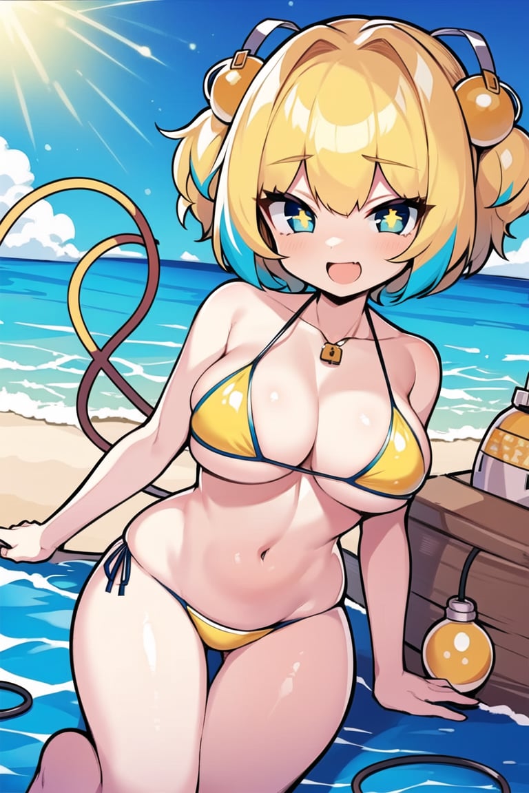 masterpiece, best quality, <lora:Pine-Bombergirl-v1.0-:0.7>, + +, blue eyes, yellow pupils, blonde hair, blue hair, multicolored hair, twintails, (grenade hair ornament), hair intakes, short hair, fuse, fuse tail, yellow bikini, large breasts, outdoors, beach, ocean, open mouth, happy,