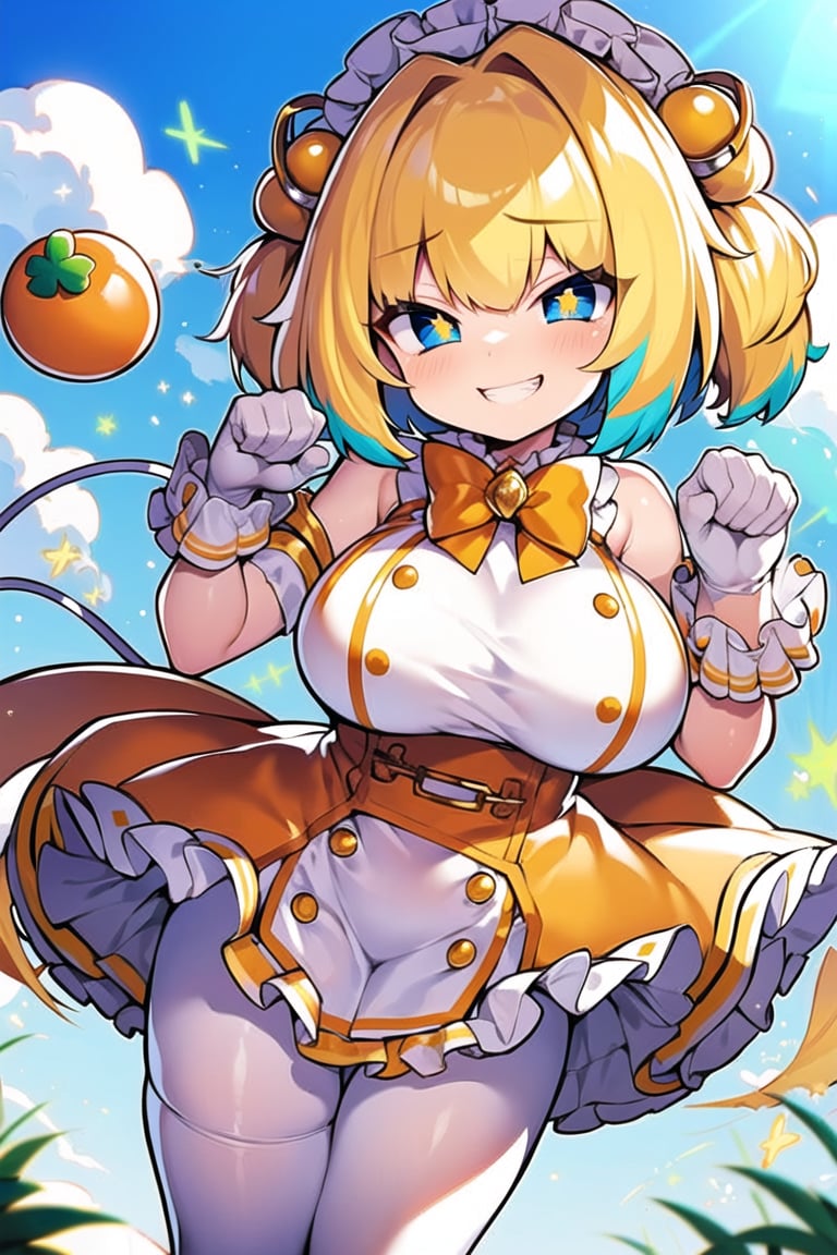 masterpiece, best quality, <lora:Pine-Bombergirl-v1.0-:0.7>, + +, blue eyes, yellow pupils, blonde hair, blue hair, multicolored hair, twintails, (grenade hair ornament), hair intakes, short hair, fuse, fuse tail, bow, bowtie, orange bow, orange bowtie, tail bow, large breasts, clover print, dress, gloves, beret, hat, orange headwear, orange skirt, white dress, white gloves, frills, frilled dress, white pantyhose, outdoors, smile, happy, grin, smug, paw pose,