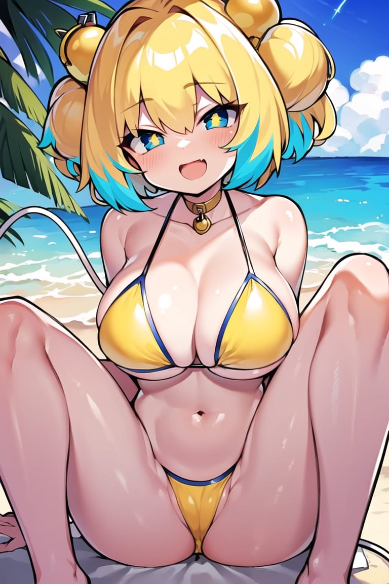 masterpiece, best quality, <lora:Pine-Bombergirl-v1.0-:0.7>, + +, blue eyes, yellow pupils, blonde hair, blue hair, multicolored hair, twintails, (grenade hair ornament), hair intakes, short hair, fuse, fuse tail, yellow bikini, large breasts, outdoors, beach, ocean, open mouth, happy, wind lift, sitting, 