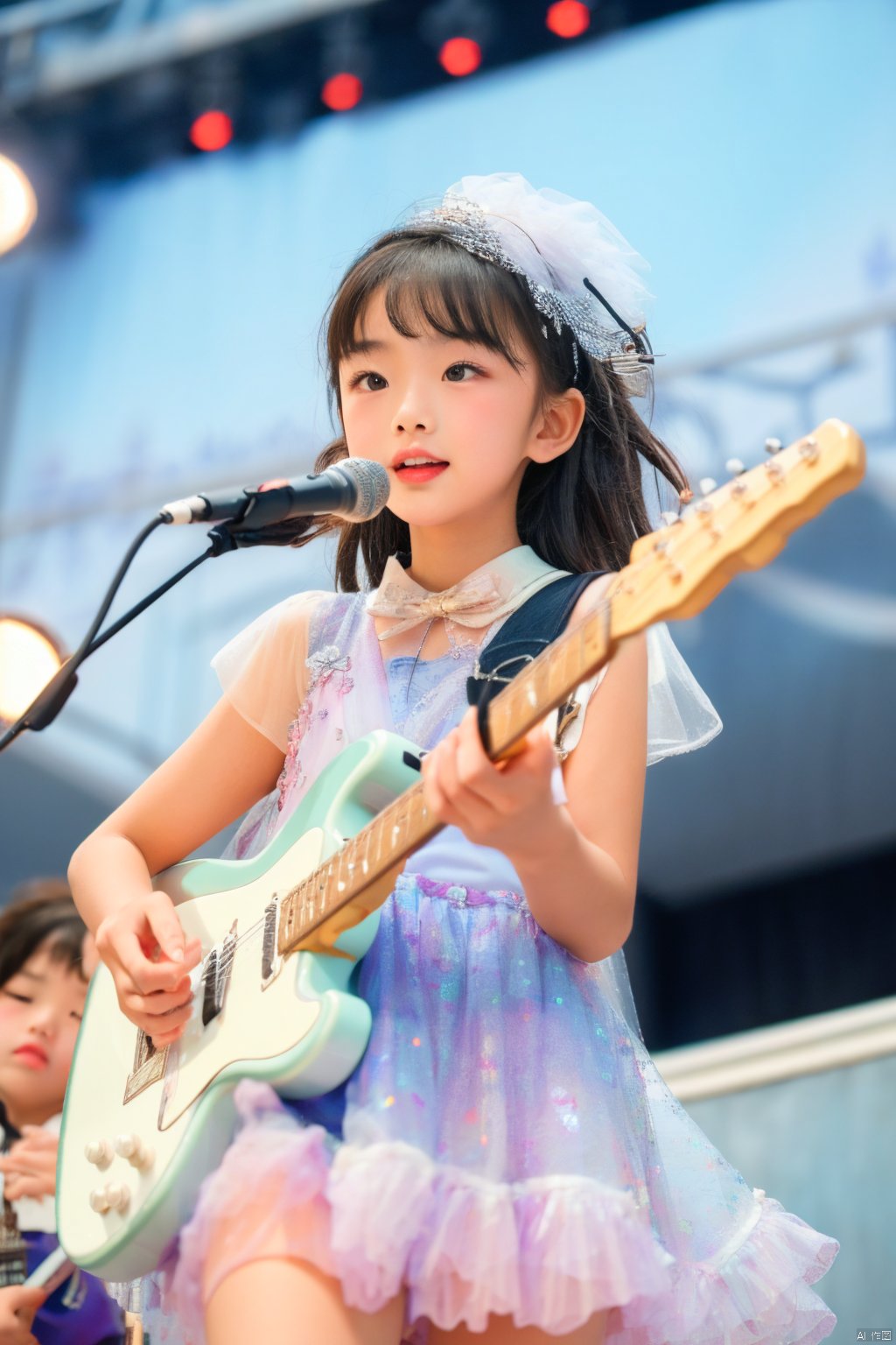  (Masterpiece, best picture quality, master work), child
,sex_dress,(playing | guitar), confident, stage lighting, center stage, crowd watching, rock and roll, child,sparkle print, takei film, 1girl