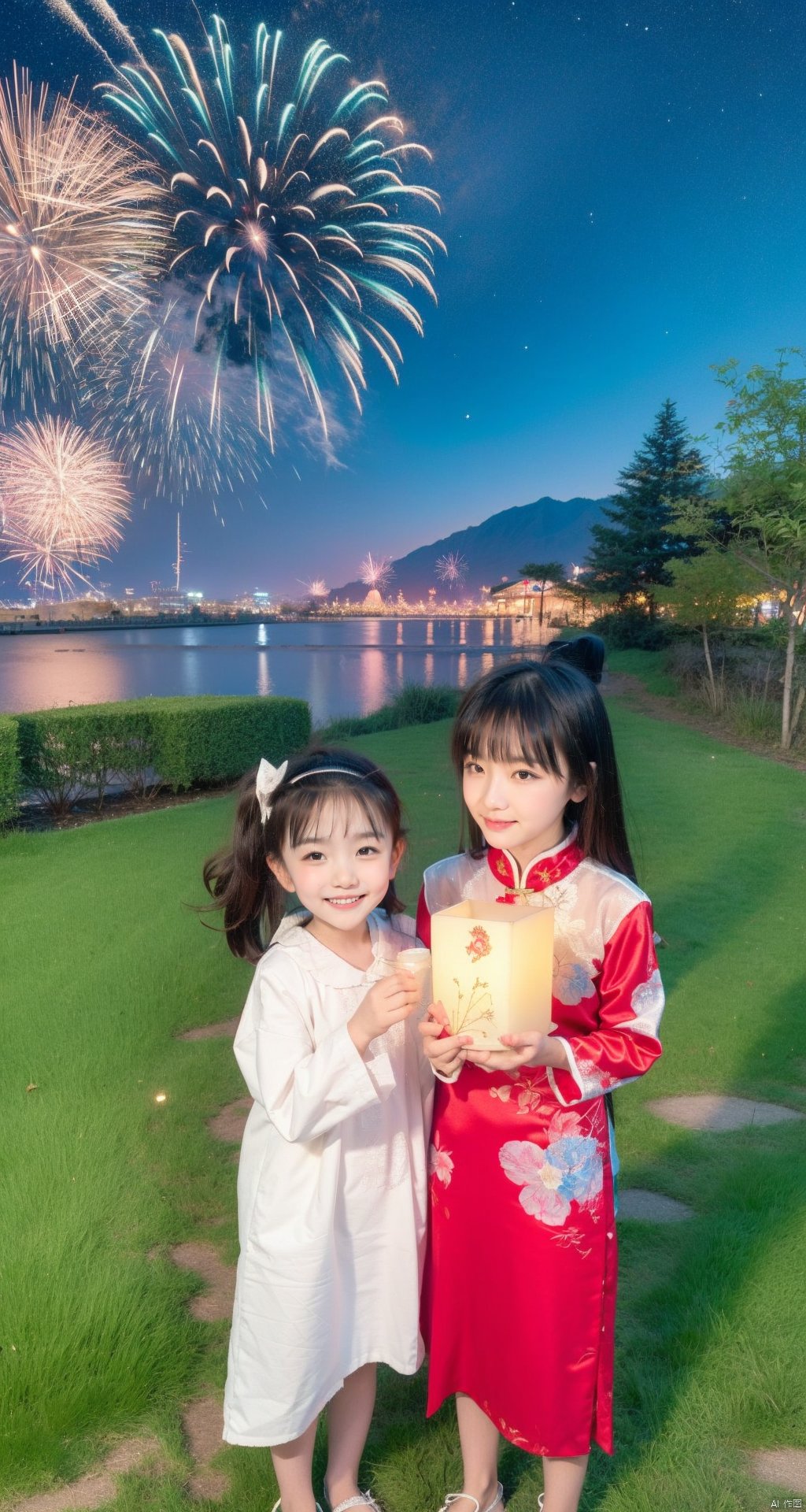  Chinese New Year, lanterns, temples, New Year couplets, festive, trees, ((firework)), Rich and colorful, nsfw, child, takei film,night sky, 1girl