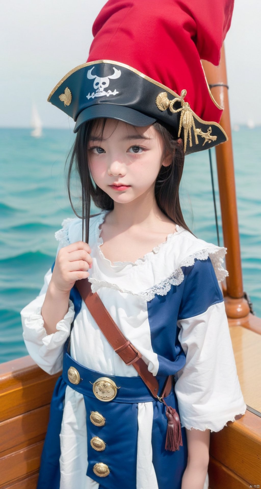  (Masterpiece, best picture quality, master work), epic composition, a child, pirate costume, Poor milk, chest cut, pirate ship, bow, child,one-eyed