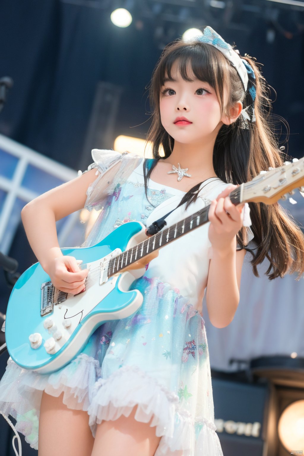  (Masterpiece, best picture quality, master work), child
,sex_dress,(playing | guitar), confident, stage lighting, center stage, crowd watching, rock and roll, child,sparkle print, takei film, 1girl