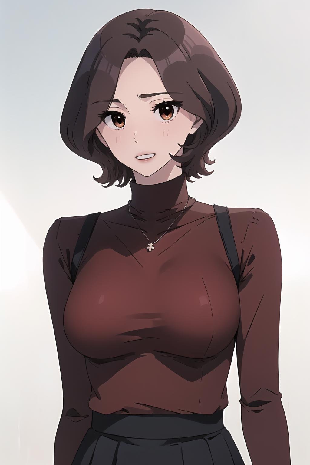 <lora:MX_HaeJoo_MTH:1>haejoodef, short hair, solo, looking at viewer, medium breasts, parted lips, lips, turtleneck sweater, sweater, long sleeves, red sweater, black skirt, skirt, smile, teeth, upper body, jewelry, necklace, 