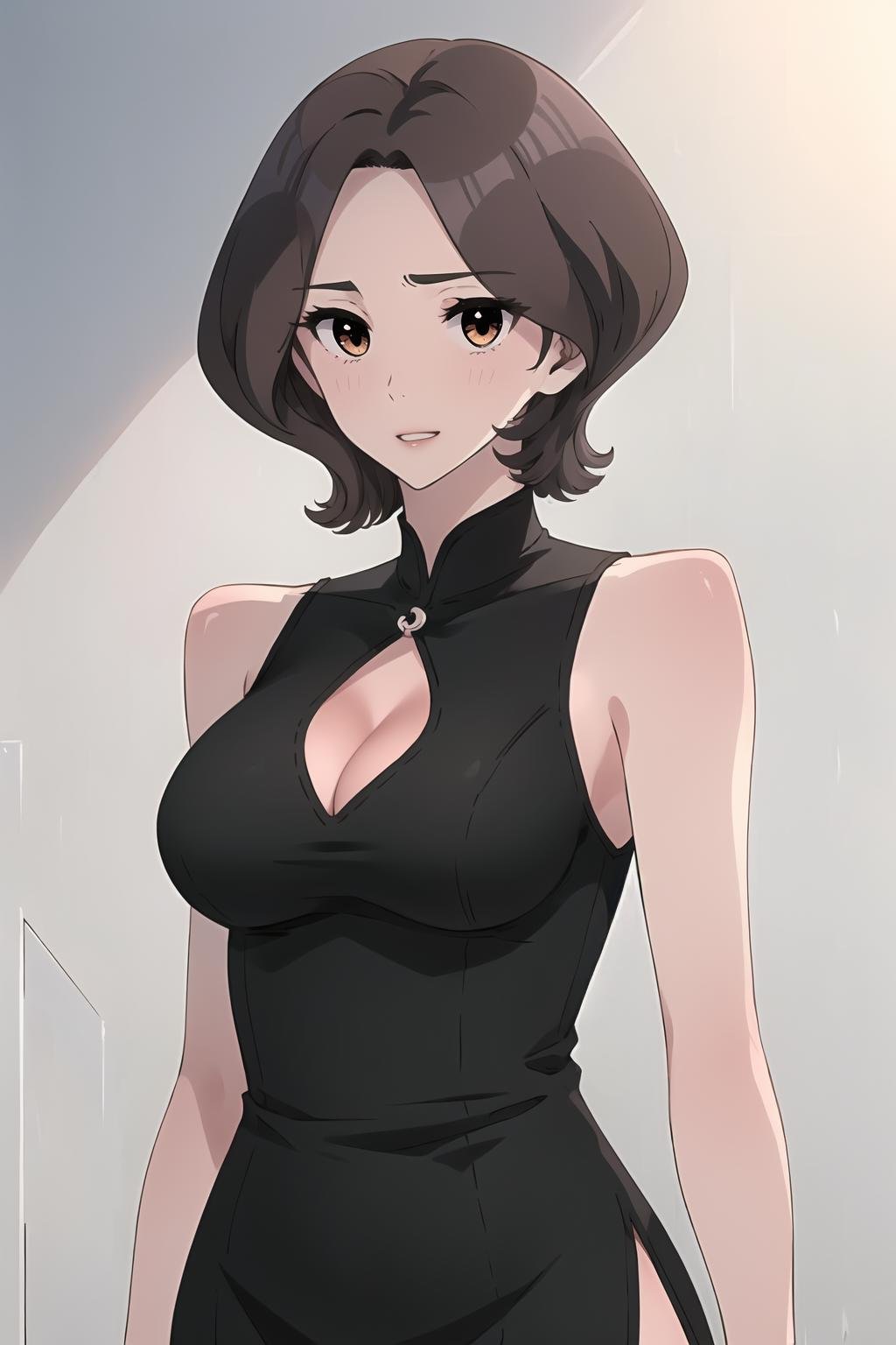 <lora:MX_HaeJoo_MTH:1>haejoodef, short hair, solo, looking at viewer, black dress, dress, cleavage, cleavage cutout, standing, upper body, sleeveless, collared shirt, bare shoulders, medium breasts, smile, parted lips, pink lips, 