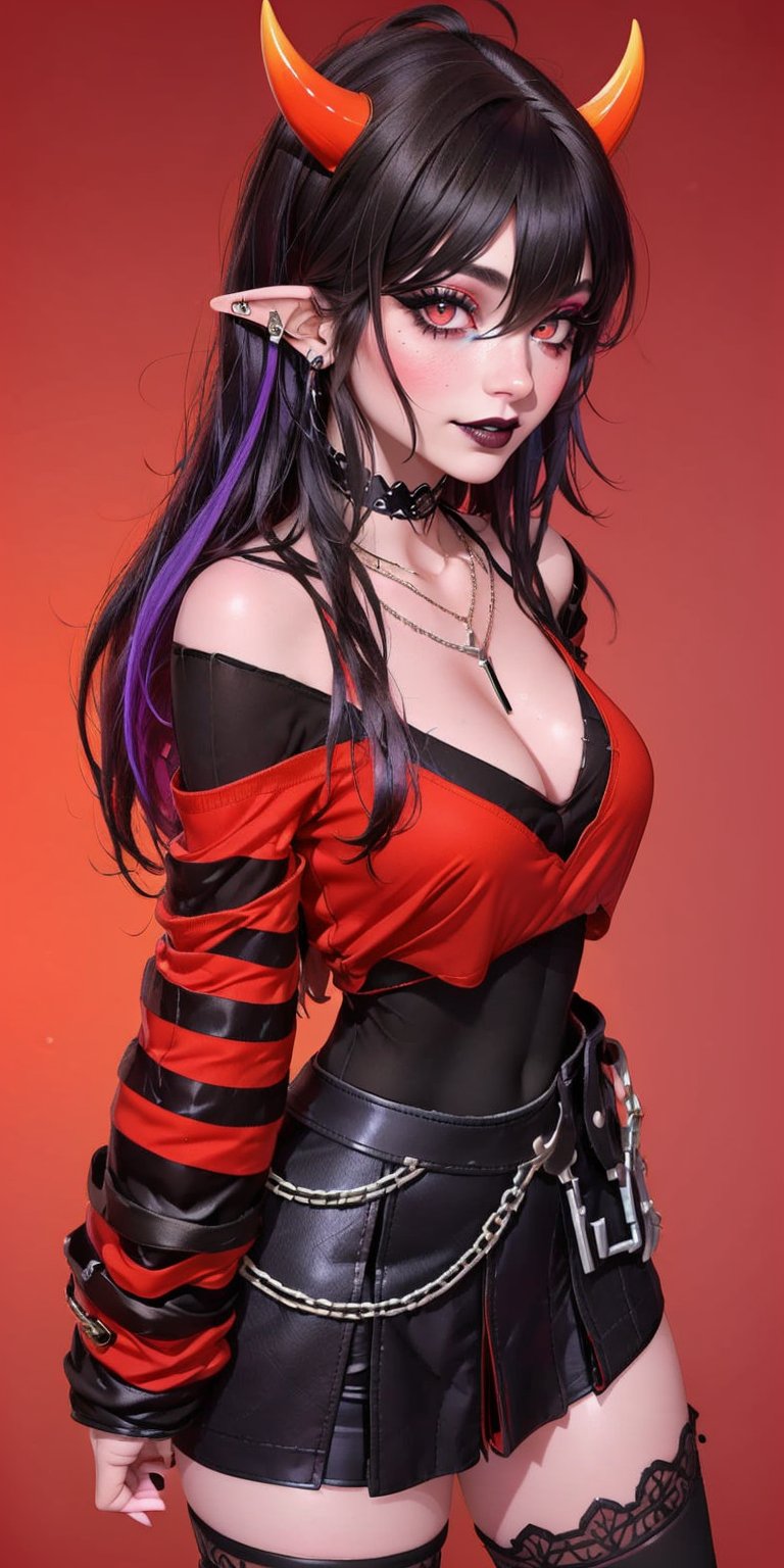 ((1girl)), ((red background)), vibrant colors, (long_hair, multicolored_hair, black_hair, dark_purple_hair,ahego, bangs, hair_between_eyes,), red_eyes,black_lips, large breasts, (black shirt, red_shirt, red_sweater, multicolored_clothes, striped, long_sleeves, sleeves_past_wrist, cleavage), ((red background)) , happy_face, smile, boots, black_footwear, ((, upper_body, head and shoulder portrait))  ,High detailed ,Color magic, black skirt, leather_skirt, belt, chains, accessories, off_shoulder, bare_shoulder, choker, spike_collar, spike, gothic, goth, demon girl, horns, pointy ears, ear_peircing, jewelry, necklace, makeup,eye_lashes, eye_shadow, (,thighhighs, fishnet_thighhighs, black thighhighs, thigh_strap, Saturated colors,Color saturation,