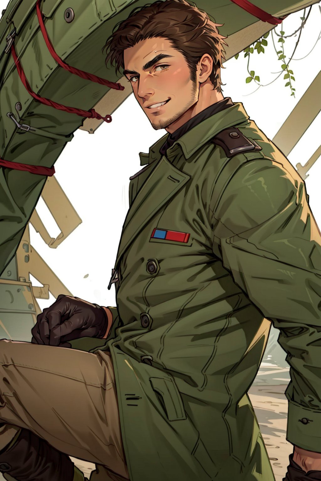 (1 image only), solo male, 1boy, Sadik Adnan, Turkey, Hetalia: Axis Powers, Turkish male, olive-skinned, facial hair, chinstrap stubble, sideburns, shaved philtrum, hairless philtrum, brown eyes, thick dark eyebrows, brown hair, short hair, long green coat, brown pants, knee-high boots, tan scarf, black gloves, grin, handsome, mature, charming, alluring, upper body in frame, perfect anatomy, perfect proportions, 8k, HQ, (best quality:1.2, hyperrealistic:1.2, photorealistic:1.2, masterpiece:1.3, madly detailed photo:1.2), (hyper-realistic lifelike texture:1.2, realistic eyes:1.2), high_resolution, perfect eye pupil, dutch angle,perfecteyes