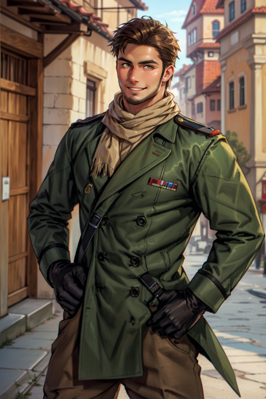 (1 image only), (solo male), 1boy, Sadik Adnan, Turkey, Hetalia: Axis Powers, Turkish male, olive-skinned, facial hair, chinstrap stubble, sideburns, brown hair, short hair, grin, (tan color scarf), long green military trench coat, brown pants, knee-high boots, black gloves, handsome, mature, charming, alluring, portrait, upper body, perfect anatomy, perfect proportions, 8k, HQ, (best quality:1.2, hyperrealistic:1.2, photorealistic:1.2, masterpiece:1.3, madly detailed photo:1.2), (hyper-realistic lifelike texture:1.2, realistic eyes:1.2), high_resolution, perfect eye pupil, (standing), perfecteyes, Hagia sophia, Istanbul loction, Islamic building, better_hands, perfecteyes