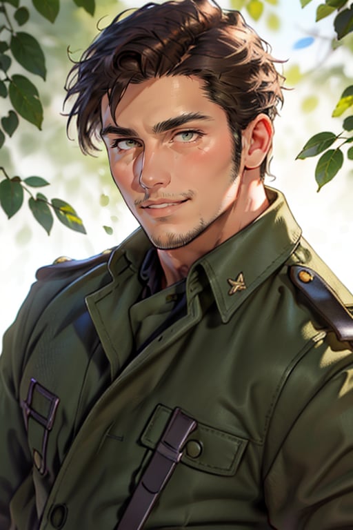 (1 image only),  solo male,  1boy,  Sadik Adnan,  Turkey,  Hetalia: Axis Powers,  Turkish male,  olive-skinned,  facial hair,  chinstrap stubble,  sideburns,  shaved philtrum,  hairless philtrum,  brown eyes,  thick dark eyebrows,  brown hair,  short hair,  long green coat,  brown pants,  knee-high boots,  tan scarf,  black gloves,  grin,  handsome,  mature,  charming,  alluring,  upper body in frame,  perfect anatomy,  perfect proportions,  8k,  HQ,  (best quality:1.2,  hyperrealistic:1.2,  photorealistic:1.2,  masterpiece:1.3,  madly detailed photo:1.2),  (hyper-realistic lifelike texture:1.2,  realistic eyes:1.2),  high_resolution,  perfect eye pupil,  dutch angle, perfecteyes, <lora:EMS-287390-EMS:0.6>, <lora:EMS-498-EMS:0.2>