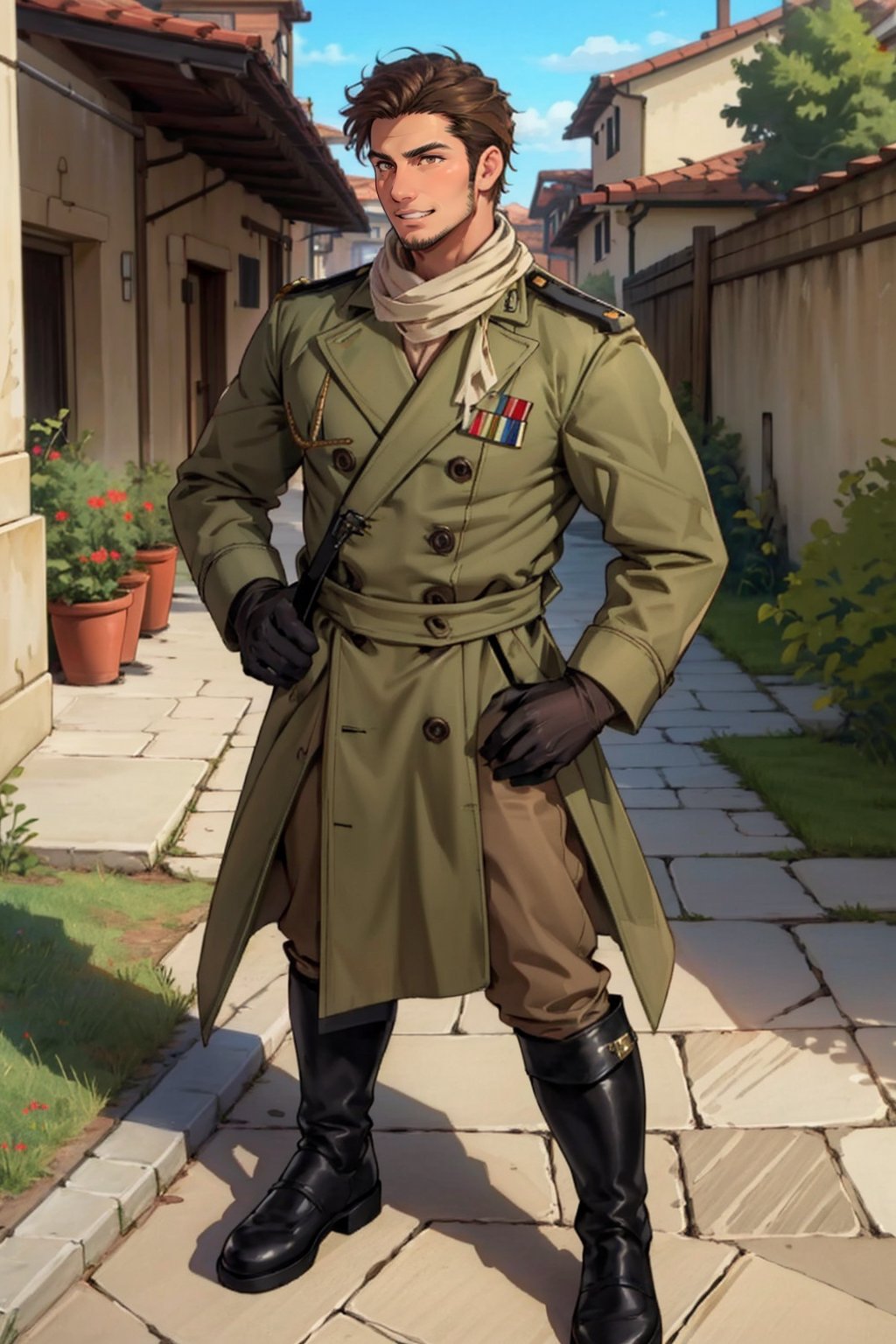 (1 image only), (solo male), 1boy, Sadik Adnan, Turkey, Hetalia: Axis Powers, Turkish male, olive-skinned, facial hair, chinstrap stubble, sideburns, (white eyemask), brown eyes, brown hair, short hair, grin, tan scarf, long green military trench coat, brown pants, knee-high boots, black gloves, handsome, mature, charming, alluring, full body, perfect anatomy, perfect proportions, 8k, HQ, (best quality:1.2, hyperrealistic:1.2, photorealistic:1.2, masterpiece:1.3, madly detailed photo:1.2), (hyper-realistic lifelike texture:1.2, realistic eyes:1.2), high_resolution, perfect eye pupil, (standing), perfecteyes, Hagia sophia loction, building, better_hands, perfecteyes