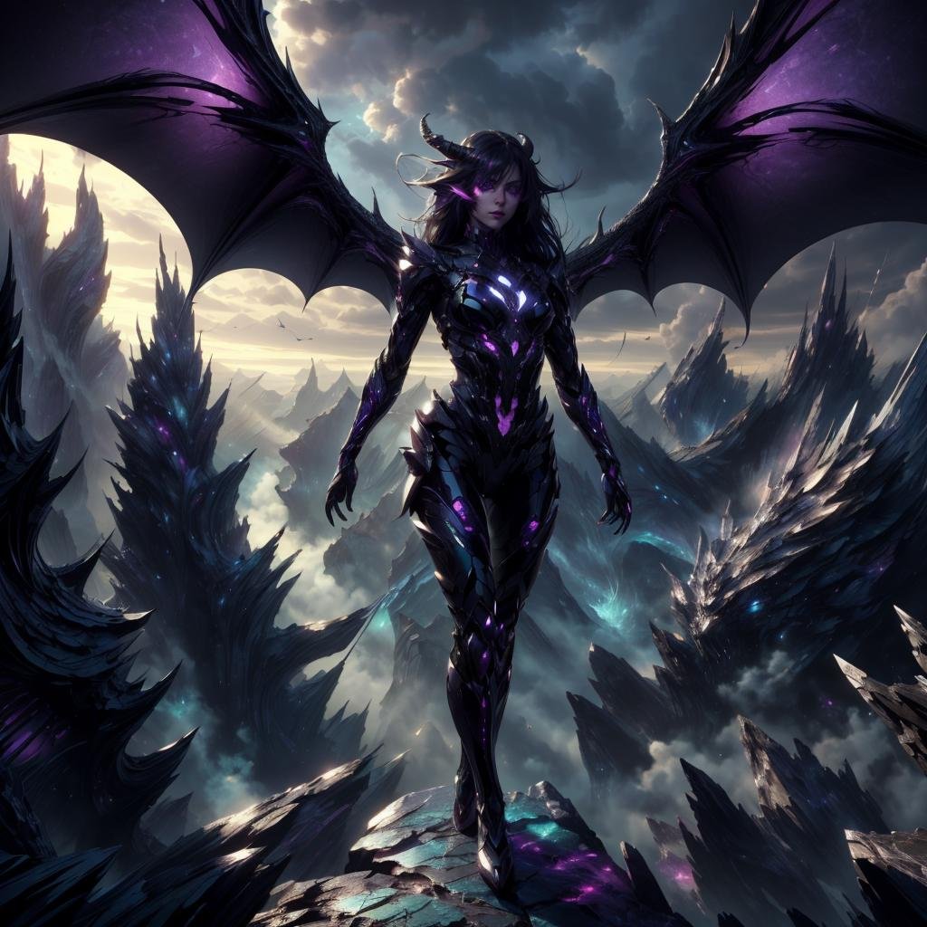 <lora:DraconicTech-15:0.8> draconictech, scifi,obsidian , iridescent,   <lora:add_detail:0.5>synthetic girl , full body, on a hill, long hair, epic scenery