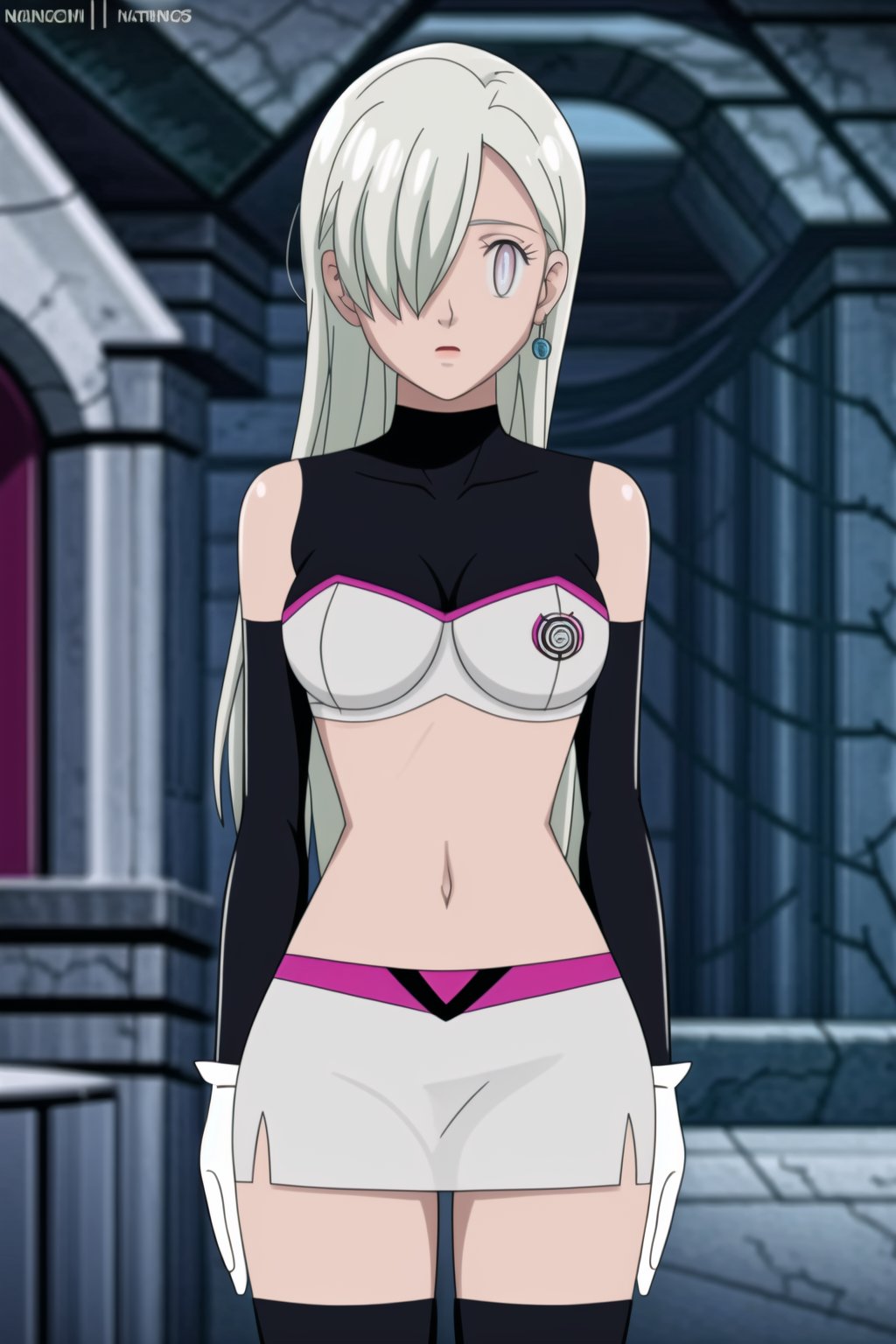 ((best quality)), ((highly detailed)), masterpiece, ((official art), elizabeth, long hair, white hair, hair over one eye, single earring, Team Hypno, crop top, sleeveless, gloves, white gloves, navel, midriff, skirt, miniskirt, thighhighs, black thighhighs, boots,,  intricately detailed, hyperdetailed, blurry background,depth of field, best quality, masterpiece, intricate details, tonemapping, sharp focus, hyper detailed, trending on Artstation,1 girl, high res, official art,beautiful detailed eyes,<lora:659111690174031528:1.0>