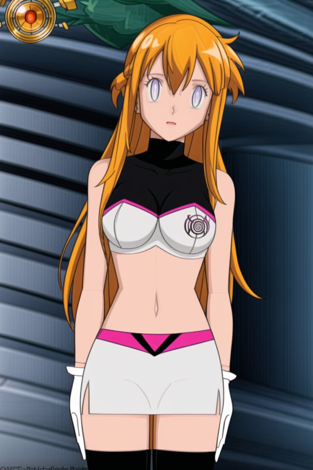 ((best quality)), ((highly detailed)), masterpiece, ((official art), (aaasuna, long hair, Orange hair, red hair), Team Hypno, crop top, sleeveless, gloves, white gloves, navel, midriff, skirt, miniskirt, thighhighs, black thighhighs, boots,,  intricately detailed, hyperdetailed, blurry background,depth of field, best quality, masterpiece, intricate details, tonemapping, sharp focus, hyper detailed, trending on Artstation,1 girl, high res, official art,beautiful detailed eyes,,<lora:659111690174031528:1.0>