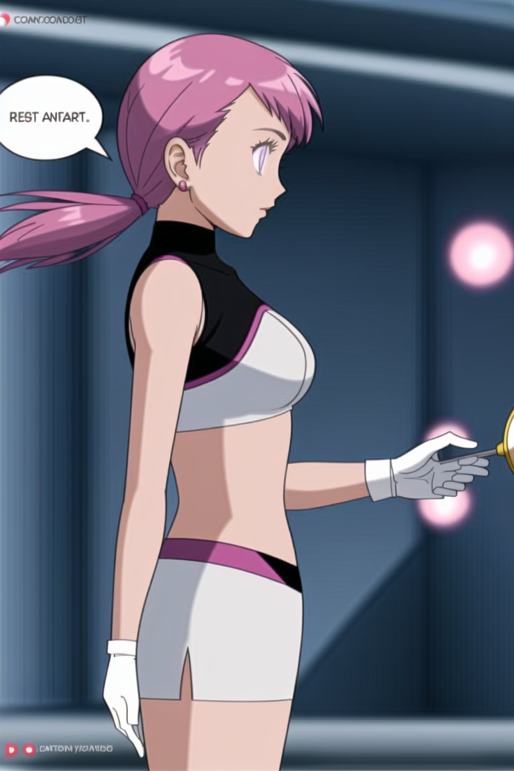 ((best quality)), ((highly detailed)), masterpiece, ((official art), ((from side, speech bubble, english text,  mind control, purple eyes))noelle_silva, silver hair,purple eyes, twintails, bangs, earrings, jewelry, Team Hypno, crop top, sleeveless, gloves, white gloves, navel, midriff, skirt, miniskirt, intricately detailed, hyperdetailed, blurry background,depth of field, best quality, masterpiece, intricate details, tonemapping, sharp focus, hyper detailed, trending on Artstation,1 girl, high res, official art,beautiful detailed eyes,,,<lora:659111690174031528:1.0>