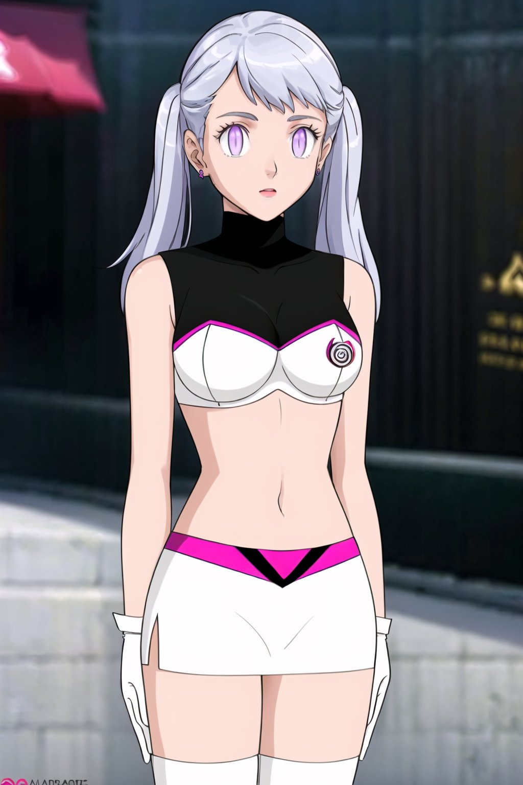 ((best quality)), ((highly detailed)), masterpiece, ((official art), noelle_silva, silver hair,purple eyes, twintails, bangs, earrings, jewelry, Team Hypno, crop top, sleeveless, gloves, white gloves, navel, midriff, skirt, miniskirt, thighhighs, black thighhighs, boots,,  intricately detailed, hyperdetailed, blurry background,depth of field, best quality, masterpiece, intricate details, tonemapping, sharp focus, hyper detailed, trending on Artstation,1 girl, high res, official art,beautiful detailed eyes,