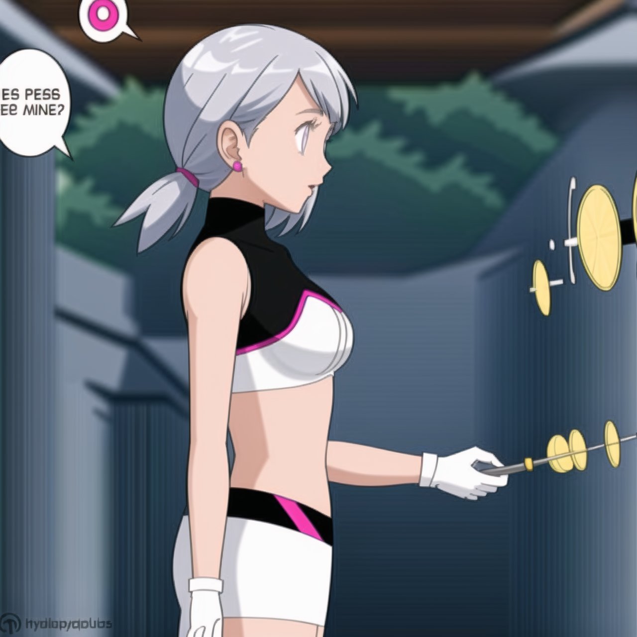 ((best quality)), ((highly detailed)), masterpiece, ((official art), ((from side, speech bubble, english text,  mind control)), noelle_silva, silver hair, twintails, bangs, earrings, jewelry, Team Hypno, crop top, sleeveless, gloves, white gloves, navel, midriff, skirt, miniskirt, intricately detailed, hyperdetailed, blurry background,depth of field, best quality, masterpiece, intricate details, tonemapping, sharp focus, hyper detailed, trending on Artstation,1 girl, high res, official art,beautiful detailed eyes,,,<lora:659111690174031528:1.0>