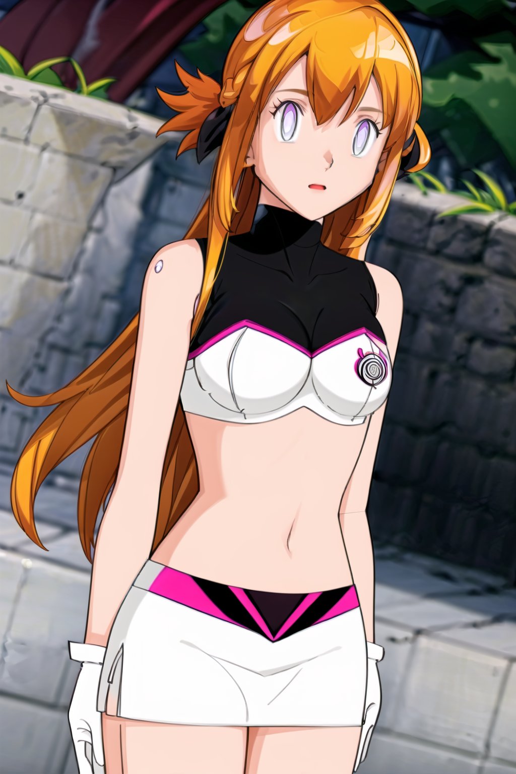 ((best quality)), ((highly detailed)), masterpiece, ((official art), (aaasuna, long hair, Orange hair, red hair), Team Hypno, crop top, sleeveless, gloves, white gloves, navel, midriff, skirt, miniskirt, thighhighs, black thighhighs, boots,,  intricately detailed, hyperdetailed, blurry background,depth of field, best quality, masterpiece, intricate details, tonemapping, sharp focus, hyper detailed, trending on Artstation,1 girl, high res, official art,beautiful detailed eyes,