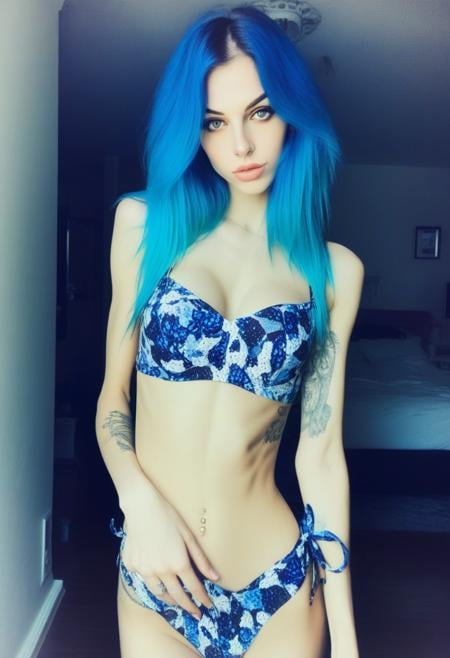 potrait of a pretty e-girl in a bikini, skinny, at home, instagram post, photo by iPhone