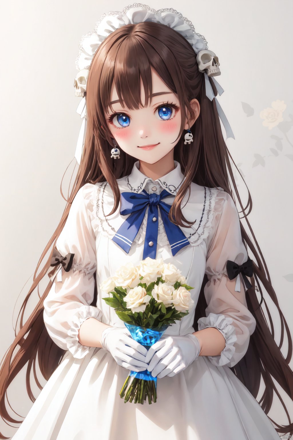  1girl, solo, skull, gloves, holding_skull, flower, long_hair, looking_at_viewer, holding, white_gloves, bangs, simple_background, white_background, smile, rose, bow, blue_eyes, dress, jewelry, brooch, closed_mouth, long_sleeves, upper_body, blunt_bangs, white_bow, blush, lolita_fashion