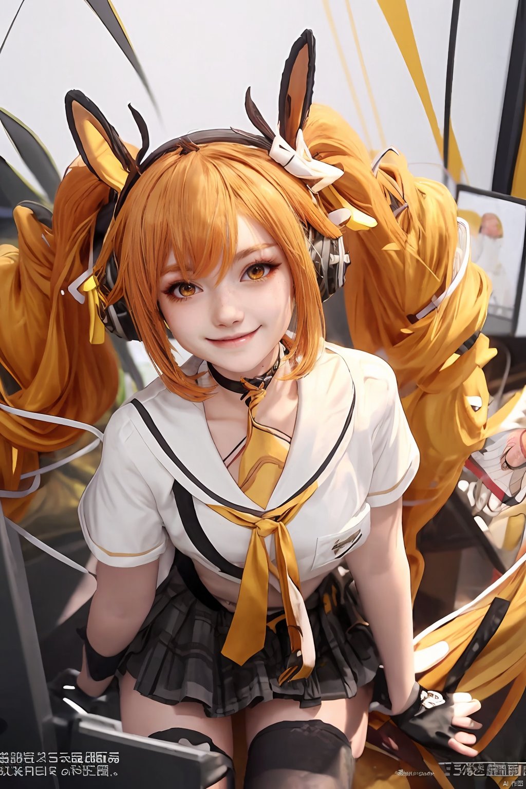  Highly detailed, best quality, masterpiece, anqila, 1girl, gloves, fingerless gloves, long hair, solo, twintails, skirt, smile, kind smile, shirt, headphones, choker, black gloves, orange hair, white shirt, sailor collar, animal ears, very long hair, yellow eyes, blonde hair, neck ribbon