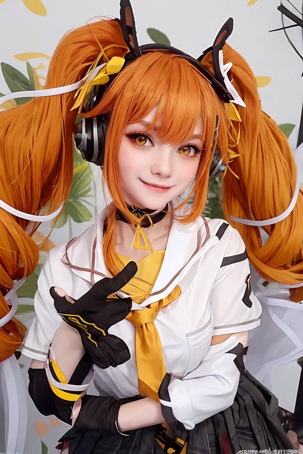  Highly detailed, best quality, masterpiece, anqila, 1girl, gloves, fingerless gloves, long hair, solo, twintails, skirt, smile, kind smile, shirt, headphones, choker, black gloves, orange hair, white shirt, sailor collar, animal ears, very long hair, yellow eyes, blonde hair, neck ribbon