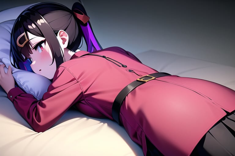 mihari_olis, 1girl, solo, red shirt, bolo tie, black skirt, black belt, lying, on stomach, pillow hug, looking back 