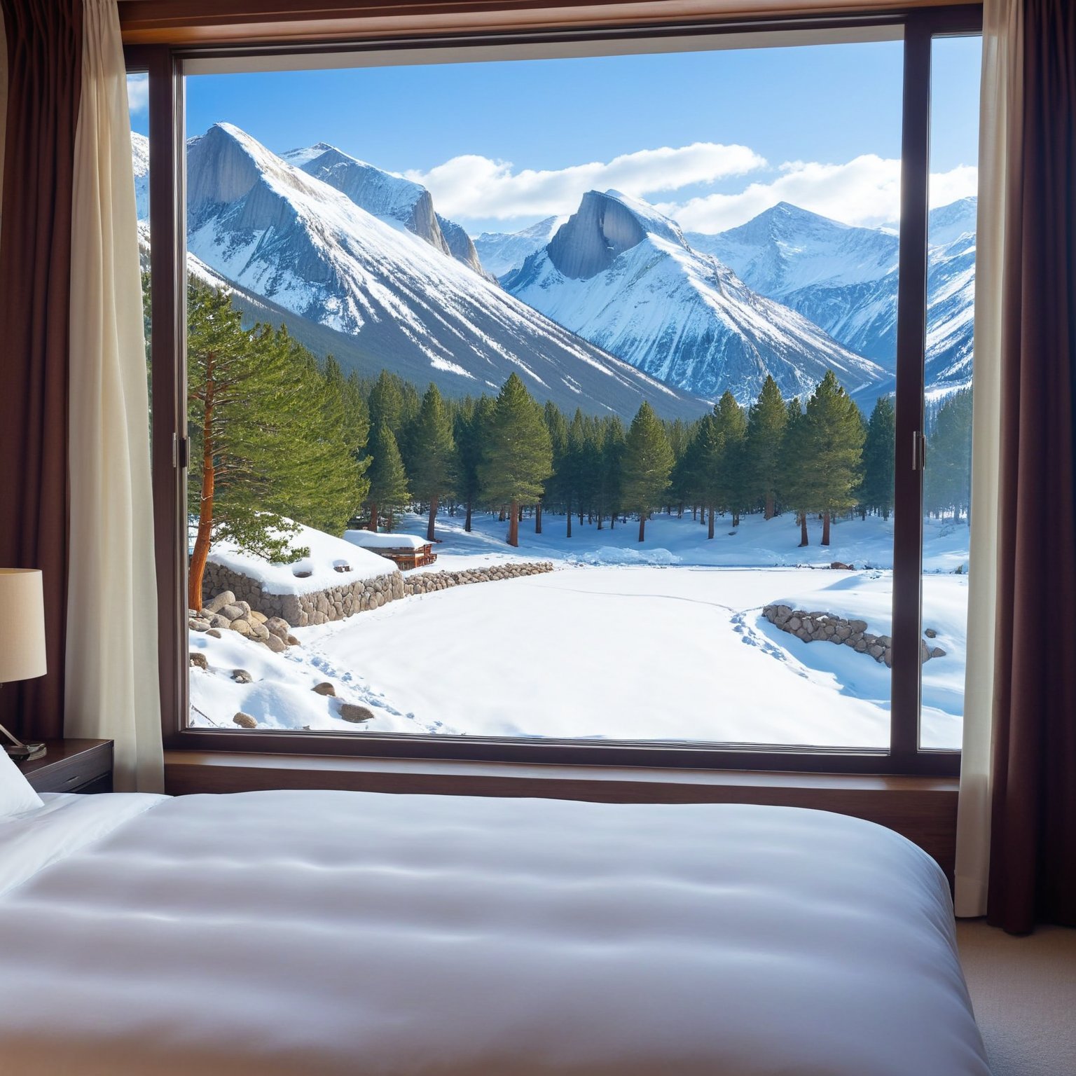 ((Hyper-Realistic)) photo of a bedroom of winter resort,indoors,bed,window,(fantastic view of national park over windows,high-rise rock,snow grass,snow trees,yglac1er),
aesthetic,rule of thirds,depth of perspective,studio photo,trending on artstation,(wide shot),(Hyper-realistic photography,masterpiece,ultra-detailed,intricate details,16K,sharp focus,high contrast,kodachrome 800,HDR:1.2),
real_booster,ani_booster,w1nter res0rt,art_booster,H effect,y0sem1te