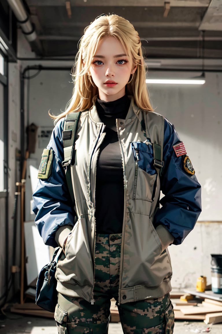 highres, masterpiece, perfect lighting, bloom, cinematic lighting, adult, female, looking at viewer, upper body, 1girl, blonde, camo pants, jacket, military jacket, hands inside pockets, in front of the viewer, bulletproof vest, magazine bags, modern construction site,comic style
