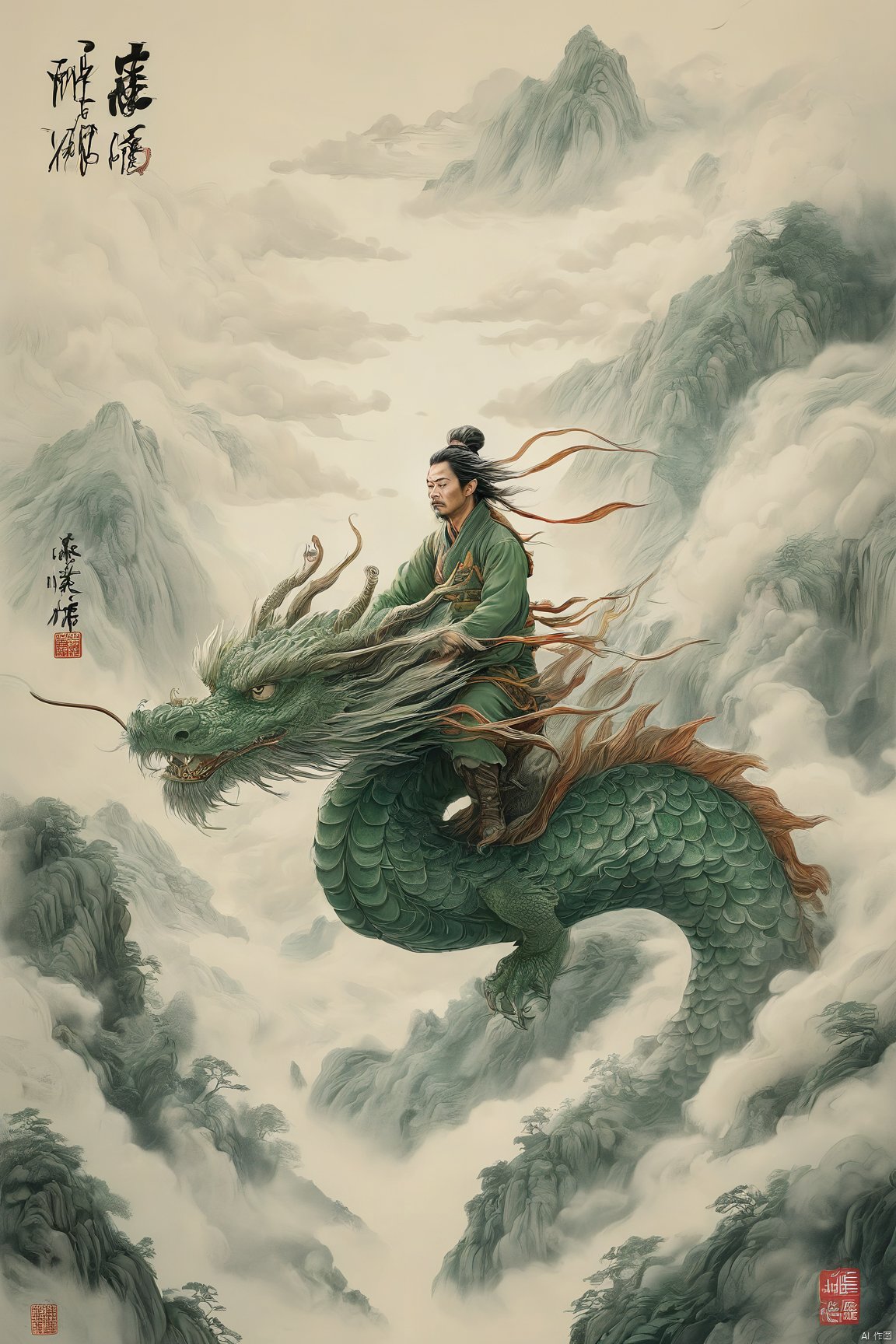  A man riding a dragon, auspicious clouds, distant mountains, huge dragon scales, detailed eyes, green hills, ink painting style, expressive dragon, ((Best quality)),((Best quality)),((realistic)),((exterior view)),photo realistic,(masterpiece),orante,super detailed,intricate,photo like image quality