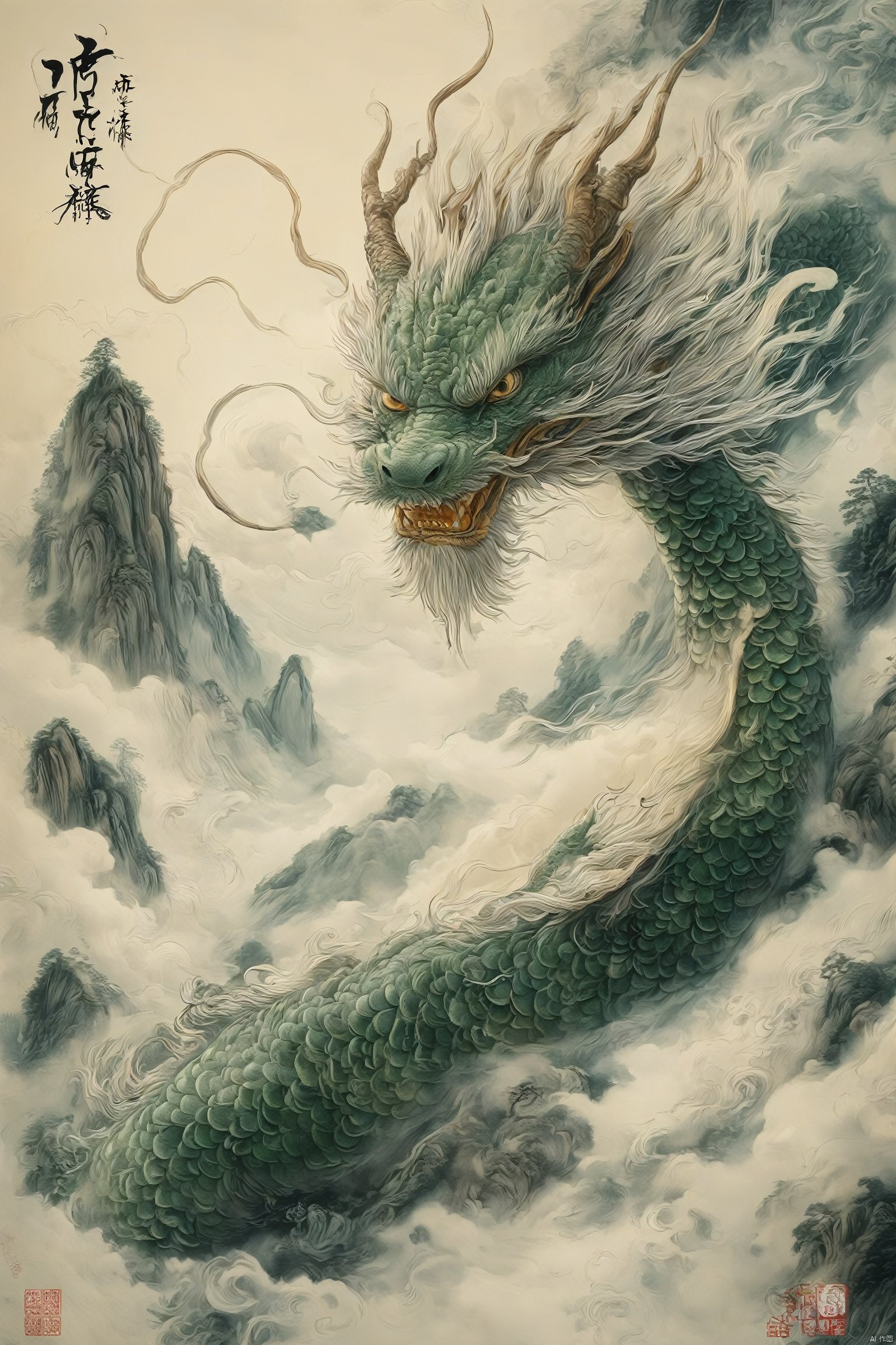 A man riding a dragon, auspicious clouds, distant mountains, huge dragon scales, detailed eyes, green hills, ink painting style, expressive dragon, ((Best quality)),((Best quality)),((realistic)),((exterior view)),photo realistic,(masterpiece),orante,super detailed,intricate,photo like image quality