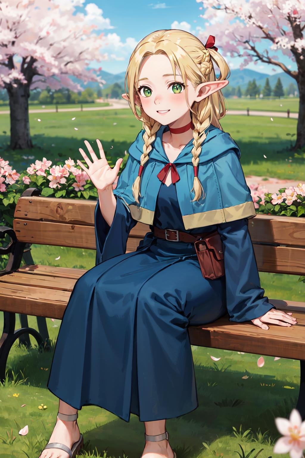 masterpiece,best quality,highres,ultra-detailed,marcille donato,elf,pointy ears,long hair,twin braids,hair ribbon,red choker,blue capelet,robe,long dress,blue dress,long sleeves,red ribbon,belt,wide sleeves,skirt,pants,pants under skirt,sandals,white footwear,<lora:marcille_donato:0.7>,outdoors,cherry blossoms,cowboy shot,smile,waving,bench, sitting, 