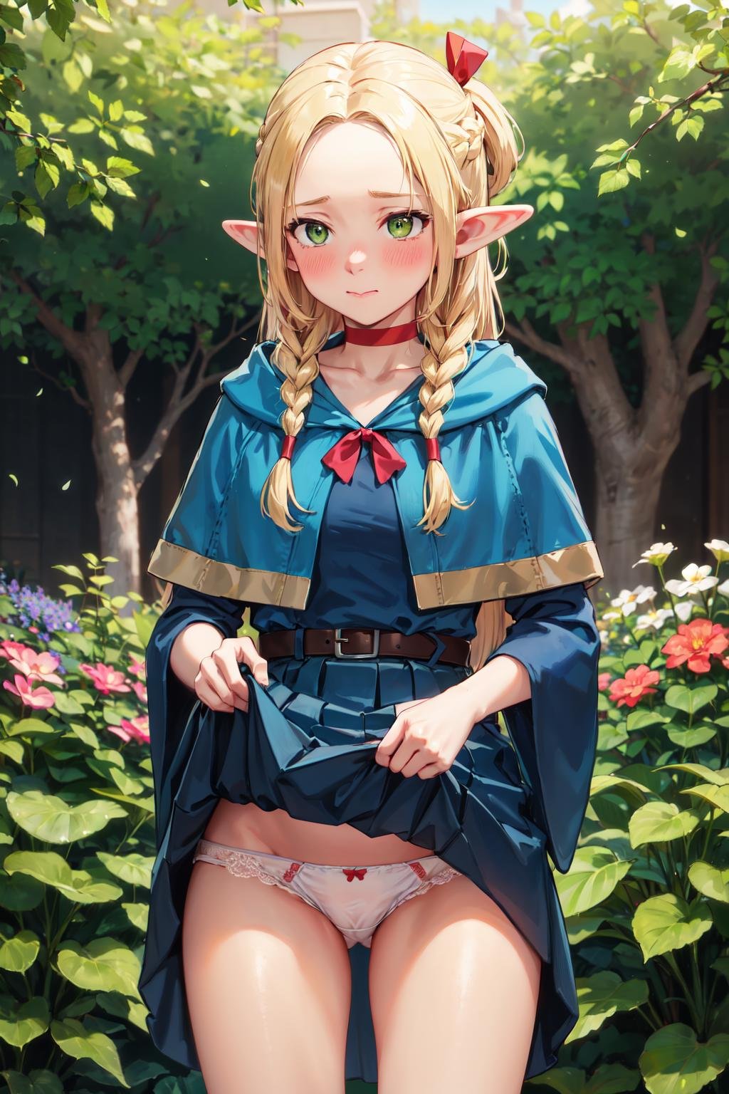 masterpiece,best quality,highres,ultra-detailed,marcille donato,elf,pointy ears,long hair,twin braids,hair ribbon,red choker,blue capelet,robe,long dress,blue dress,long sleeves,red ribbon,belt,wide sleeves,skirt,pants,pants under skirt,<lora:marcille_donato:0.7>,(skirt lift:1.4),(blush:1.2),(embarrass:1.4),outdoors,garden,lace-trimmed panties,