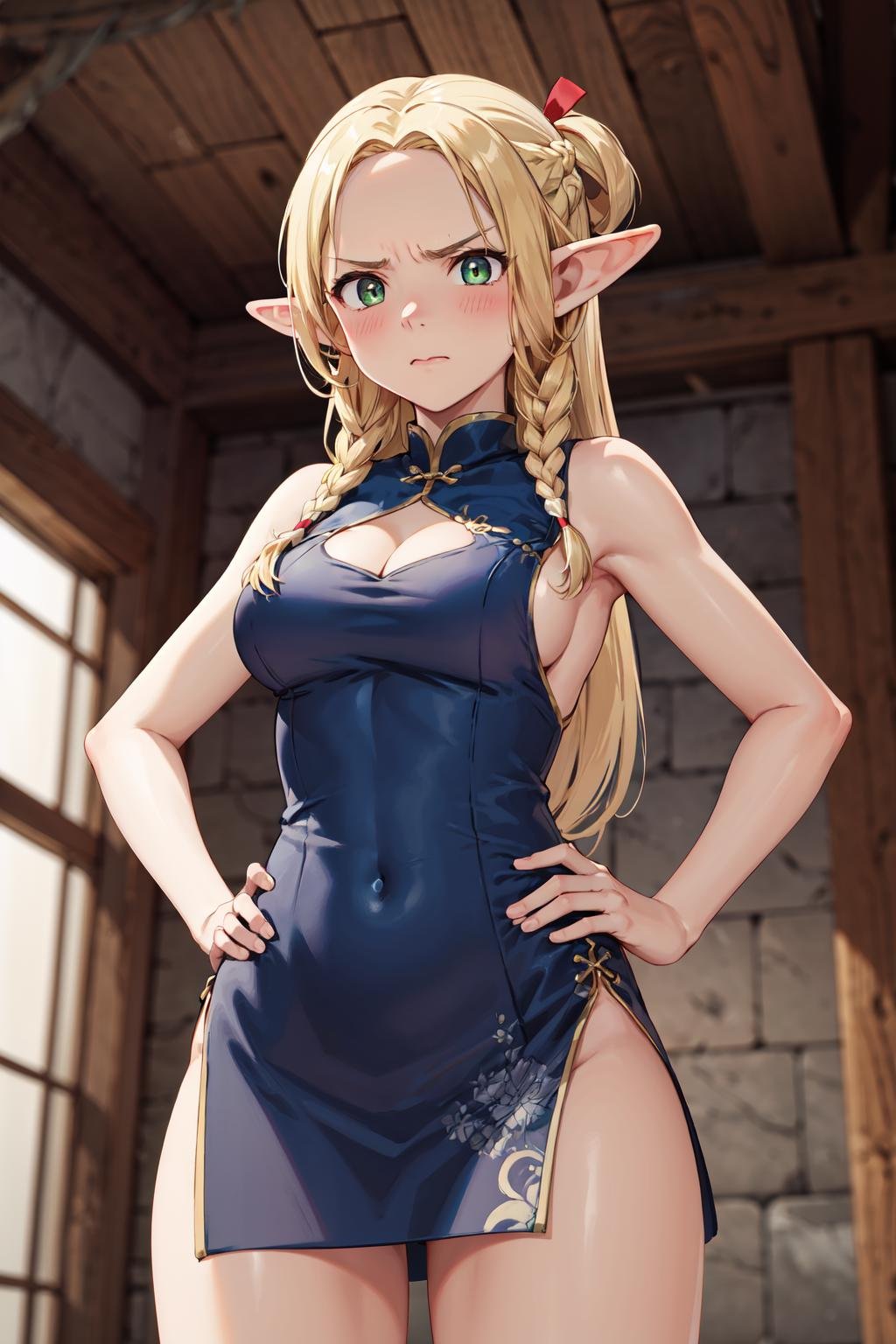 masterpiece,best quality,highres,ultra-detailed,marcille donato,elf,pointy ears,long hair,twin braids,hair ribbon,<lora:marcille_donato:0.7>,bare shoulders,china dress,chinese clothes,short dress,cleavage cutout,sideboob,thighs,hands_on_hips,(furrowed_brow:1.2),indoors,front view,from_below,looking_at_viewer,