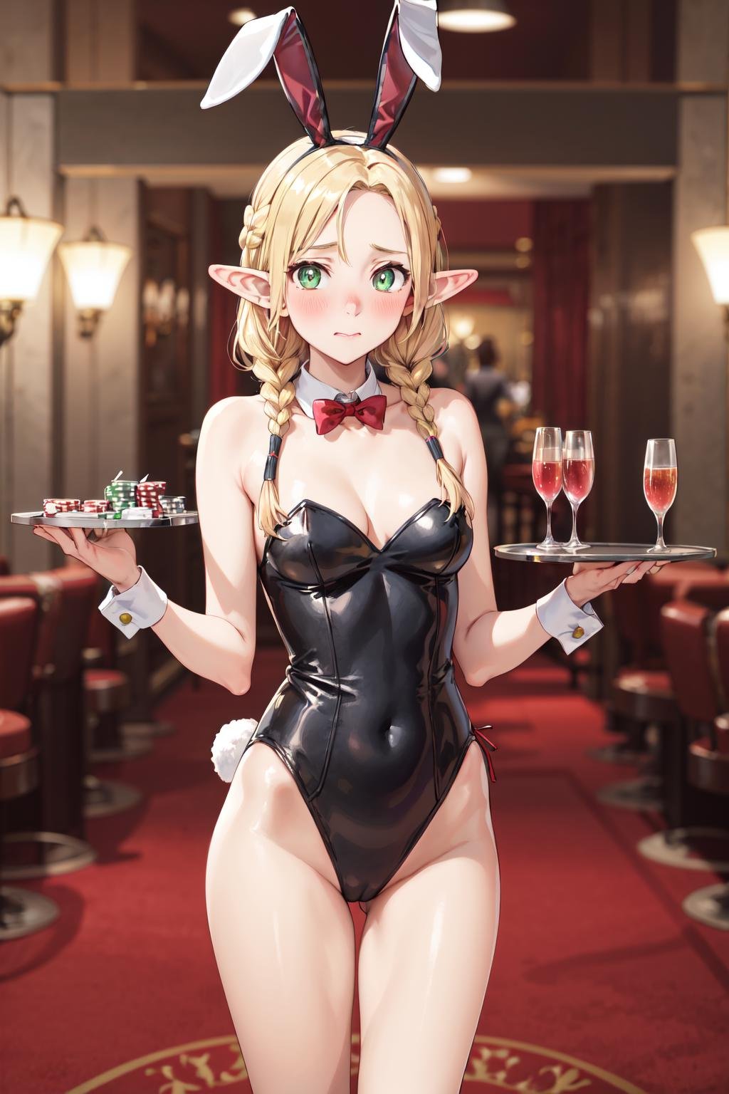 masterpiece,best quality,highres,ultra-detailed,marcille donato,elf,pointy ears,long hair,twin braids,hair ribbon,<lora:marcille_donato:0.7>,rabbit ears,playboy bunny,casino,holding tray,embarrassed,blush,standing,